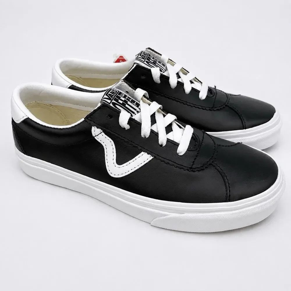 Vans Sport Leather Sneakers Women’s 8 Men’s 6.5 Black White Flying V NWOB